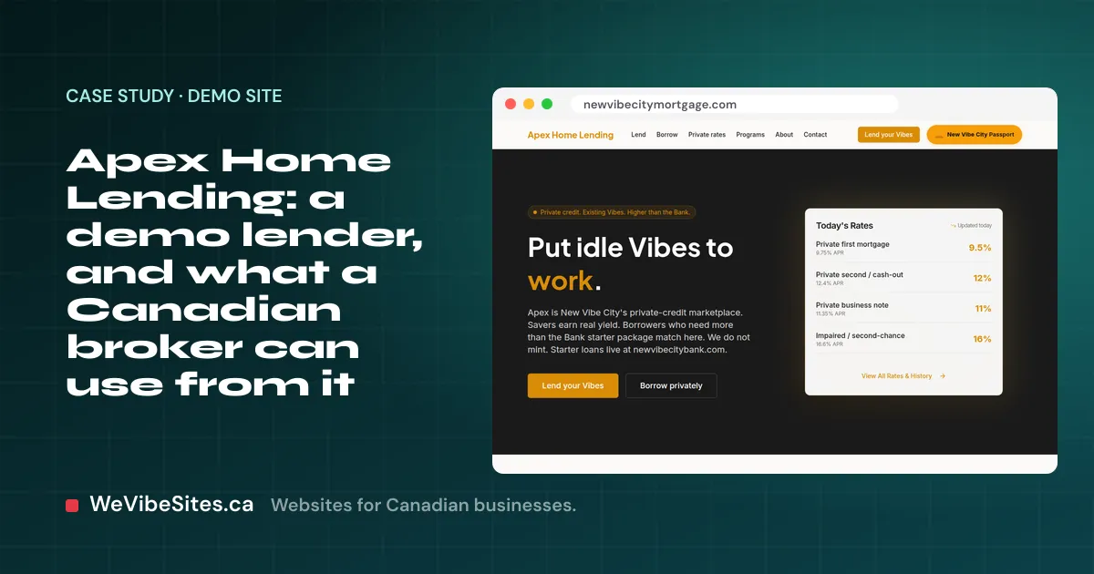 Screenshot of the Apex Home Lending demo home page beside the post title, on a WeVibeSites.ca cover.