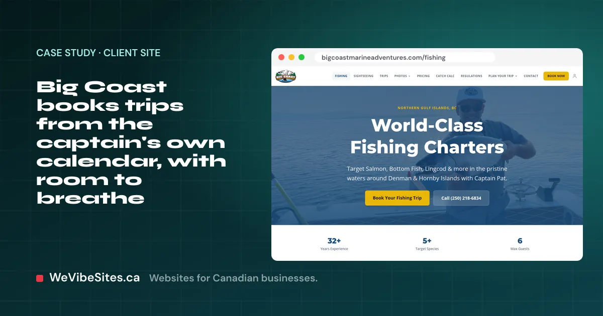 Screenshot of the Big Coast Marine Adventures fishing charters page beside the post title, on a WeVibeSites.ca cover.