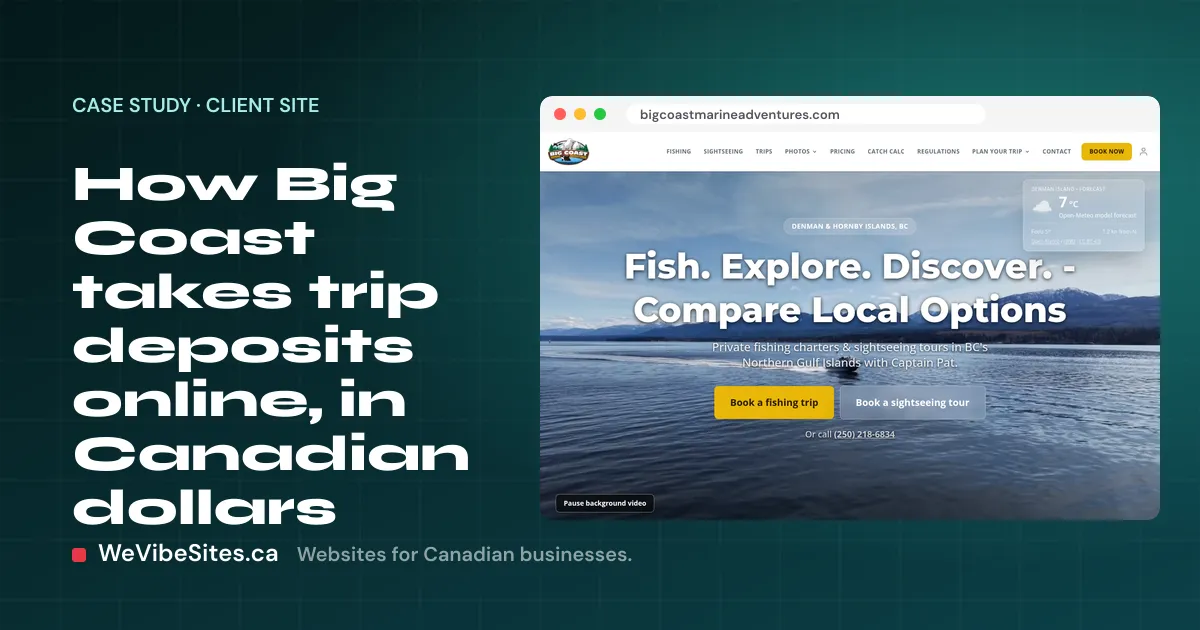 Screenshot of the Big Coast Marine Adventures home page beside the post title, on a WeVibeSites.ca cover.