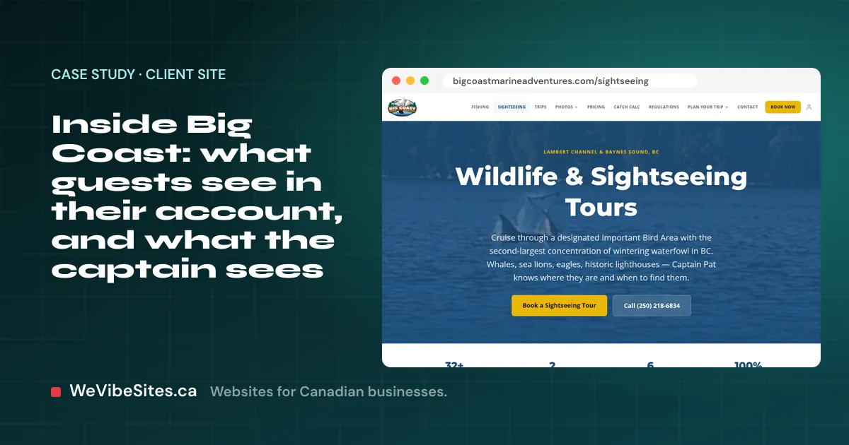 Screenshot of the Big Coast Marine Adventures sightseeing tours page beside the post title, on a WeVibeSites.ca cover.