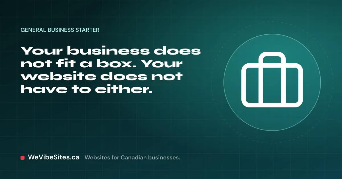 WeVibeSites.ca cover for the General business starter: a briefcase beside the post title.