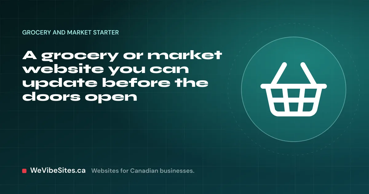 WeVibeSites.ca cover for the Grocery and market starter: a shopping basket beside the post title.