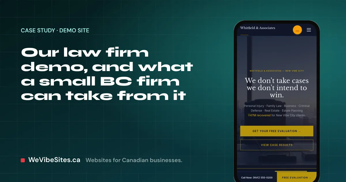 Screenshot of the law firm demo home page at newvibecitylaw.com at phone size beside the post title, on a WeVibeSites.ca cover.