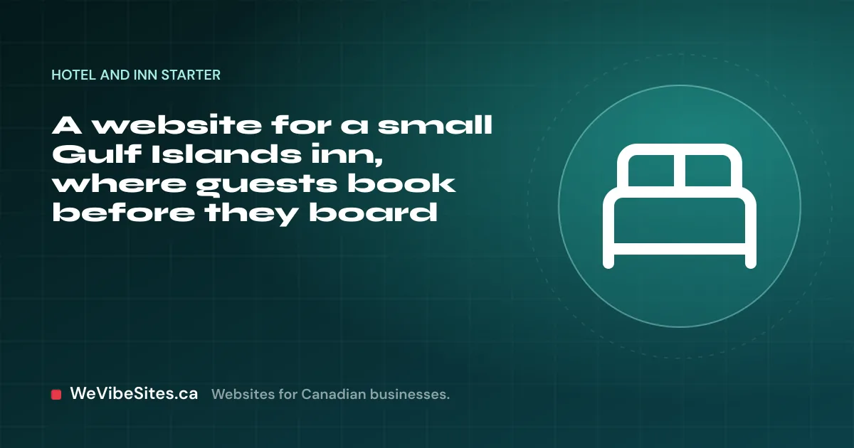 WeVibeSites.ca cover for the Hotel and inn starter: a double bed beside the post title.