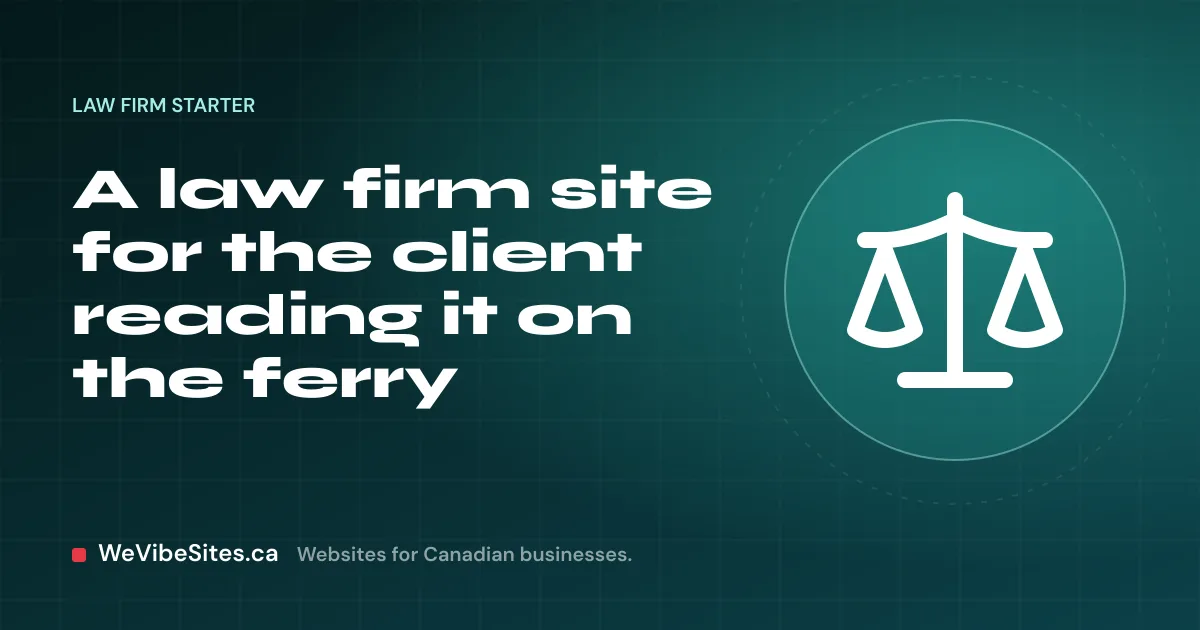 WeVibeSites.ca cover for the Law firm starter: a balance scale beside the post title.