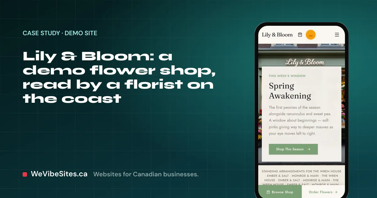 Screenshot of the Lily & Bloom demo home page at phone size beside the post title, on a WeVibeSites.ca cover.