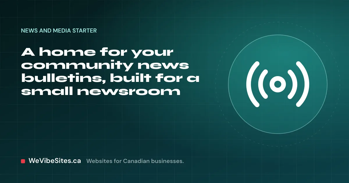 WeVibeSites.ca cover for the News and media starter: a broadcast signal beside the post title.