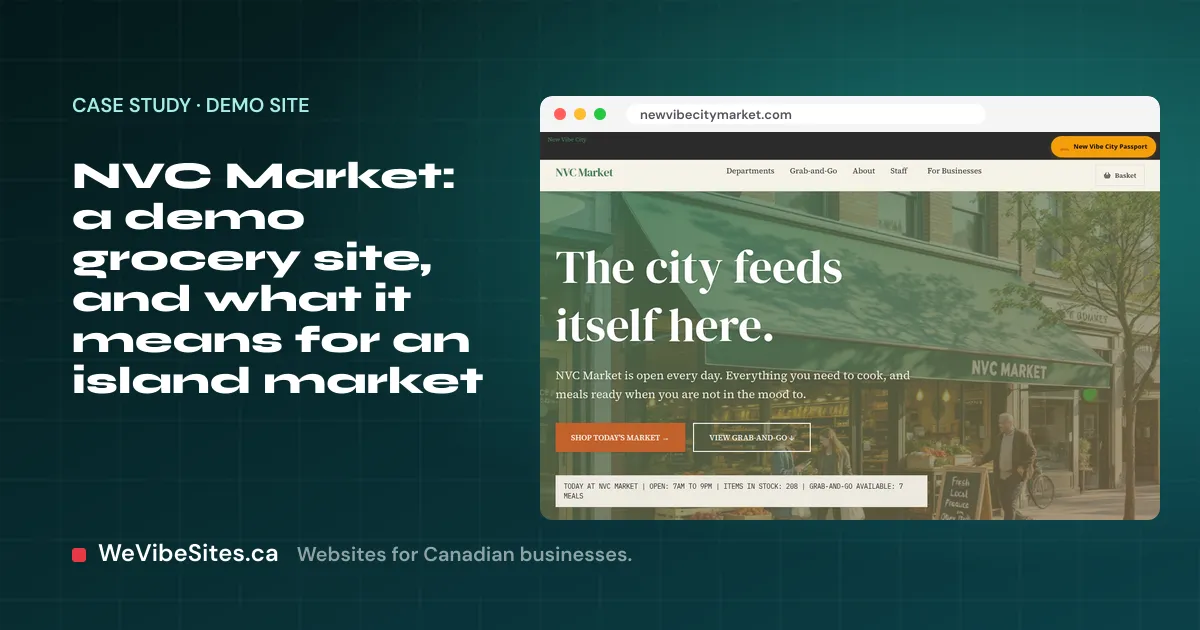 Screenshot of the NVC Market demo home page beside the post title, on a WeVibeSites.ca cover.