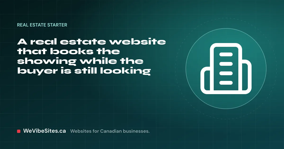 WeVibeSites.ca cover for the Real estate starter: an apartment building beside the post title.