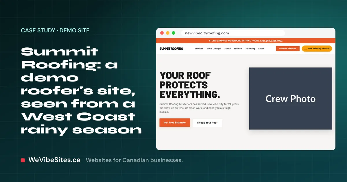 Screenshot of the Summit Roofing demo home page beside the post title, on a WeVibeSites.ca cover.
