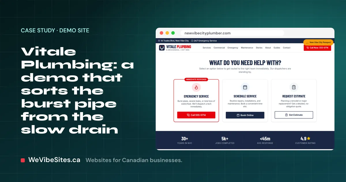 Screenshot of the Vitale Plumbing & Mechanical demo home page beside the post title, on a WeVibeSites.ca cover.
