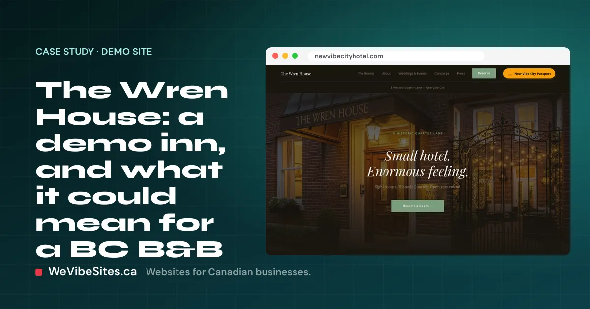 Screenshot of The Wren House demo home page beside the post title, on a WeVibeSites.ca cover.